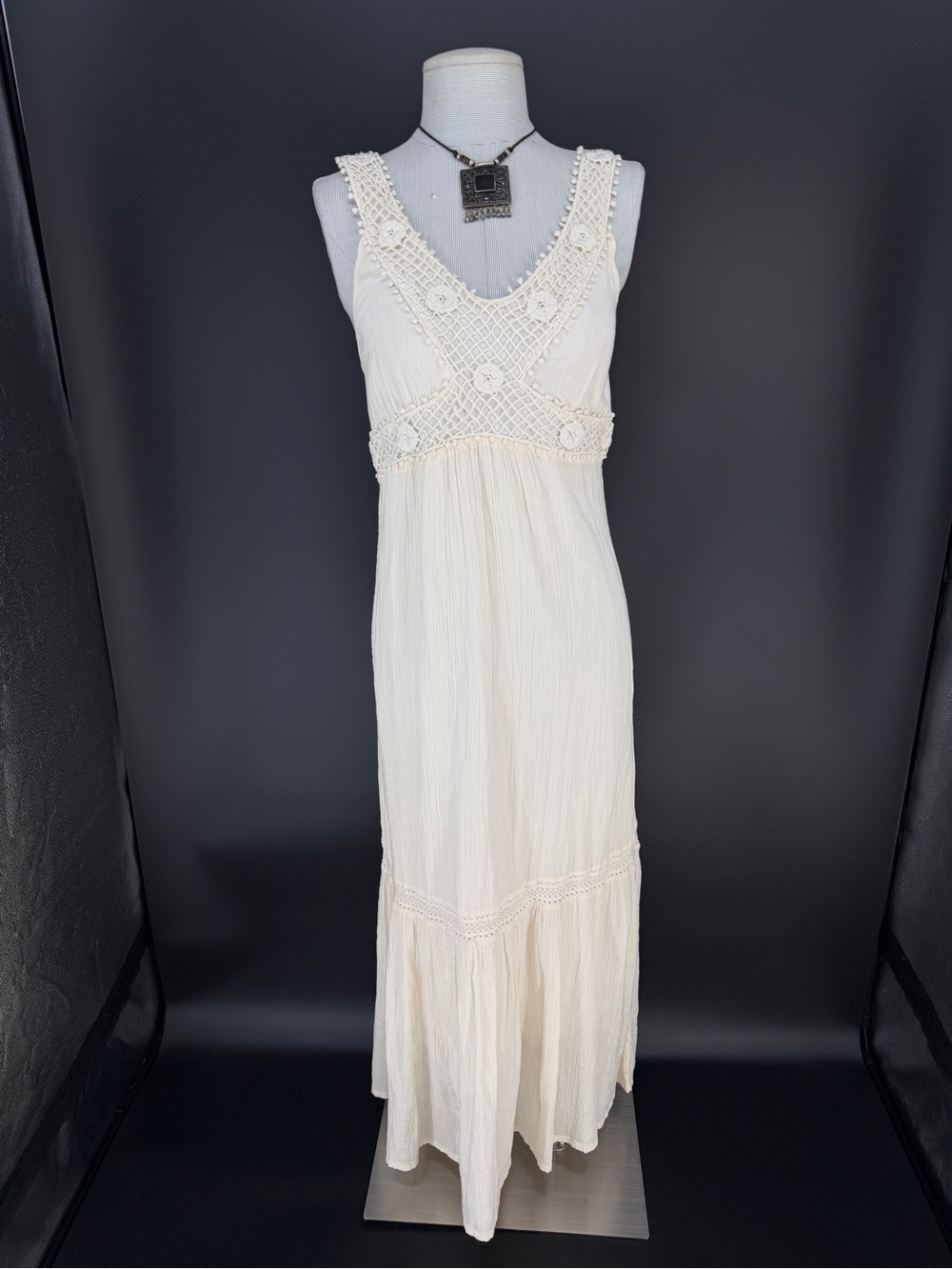 Boho Cream Crochet Lace 100% Cotton Summer Midi Dress PM Cottagecore Prairie